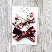 Load image into Gallery viewer, Rose Floral Pinwheel/Velvet Berry school girl bow set
