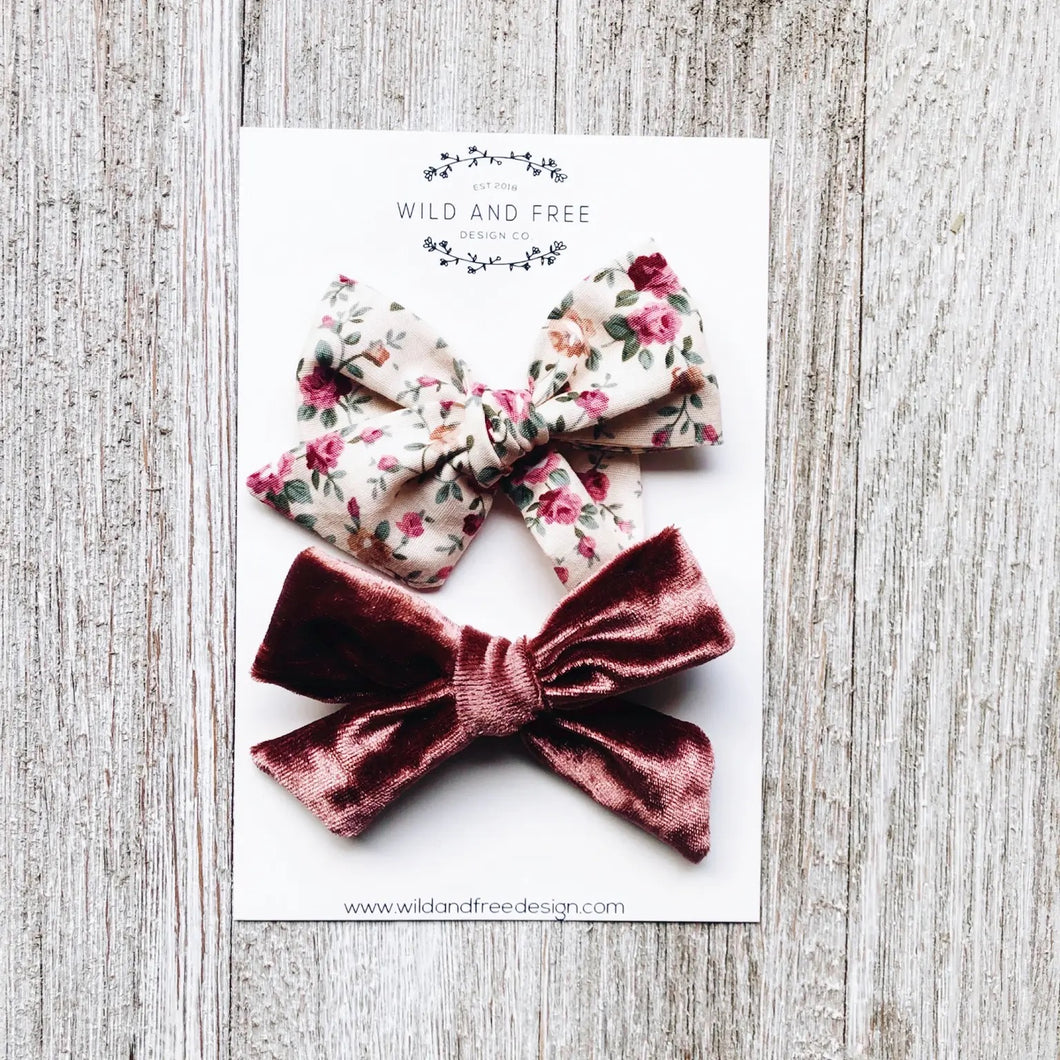 Rose Floral Pinwheel/Velvet Berry school girl bow set